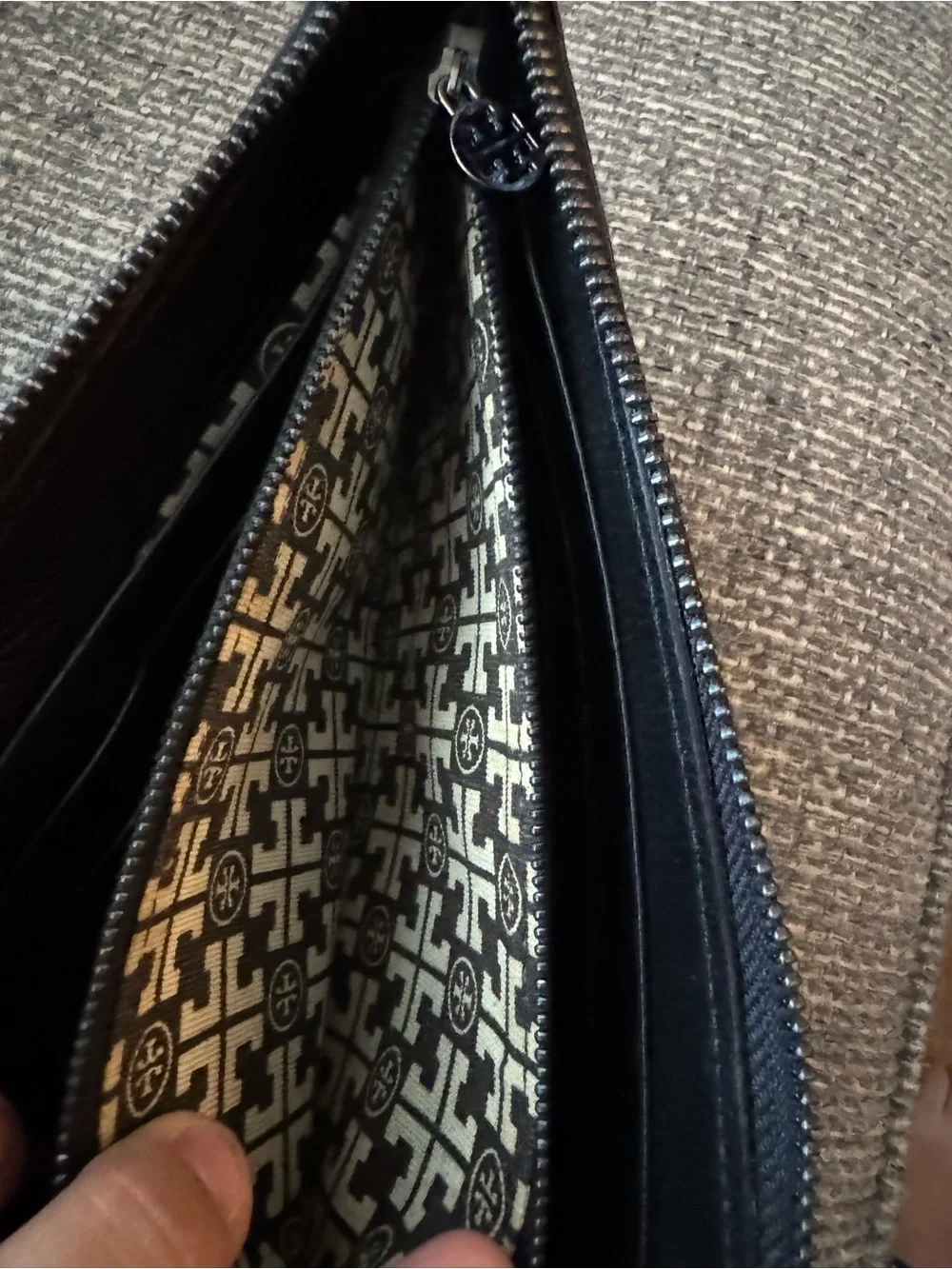 Tory Burch Black Leather Side Zip Logo Leather Clutch